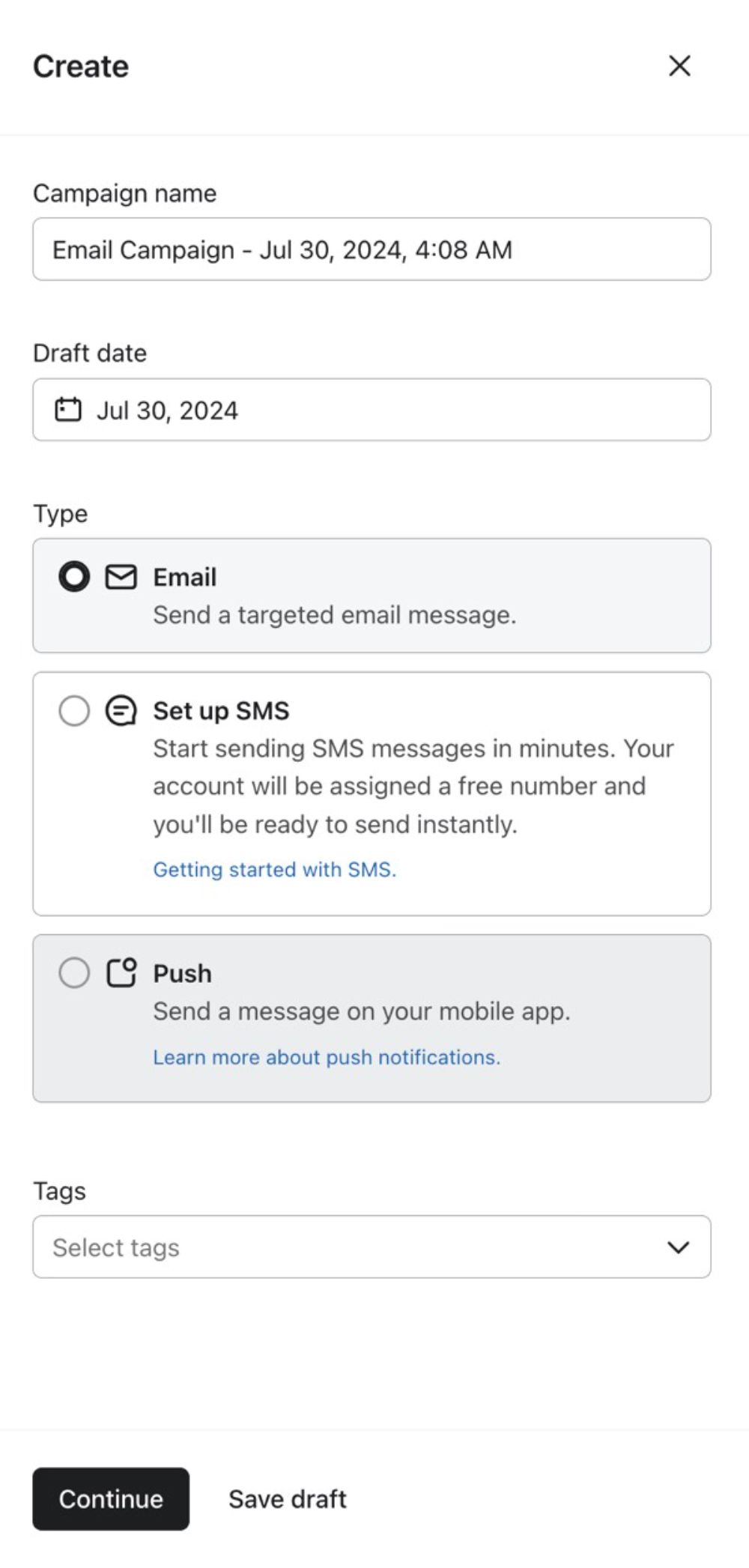 "Campaign setup page for selecting email, SMS, or push notification types, with fields for campaign name, draft date, and tags."