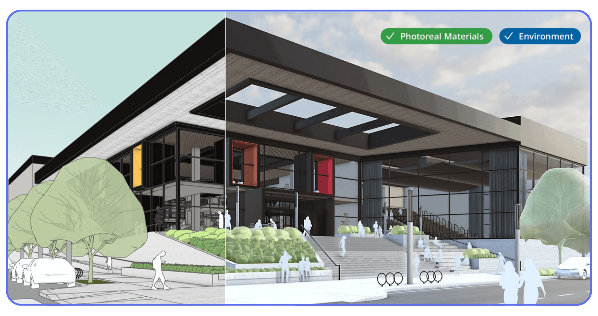 Split view of a modern building in SketchUp showing the difference between a basic model and a photoreal rendered version.