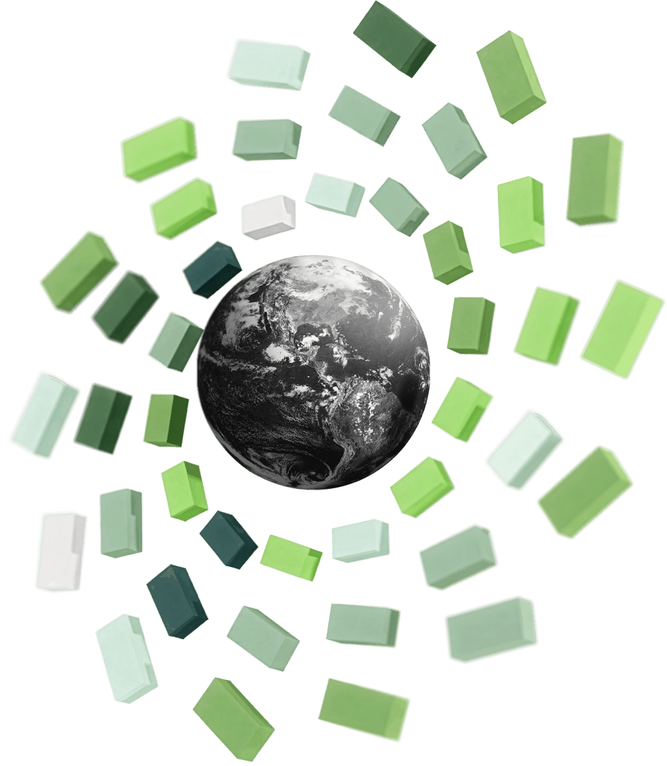 planet earth surrounded by green blocks in a radial formation