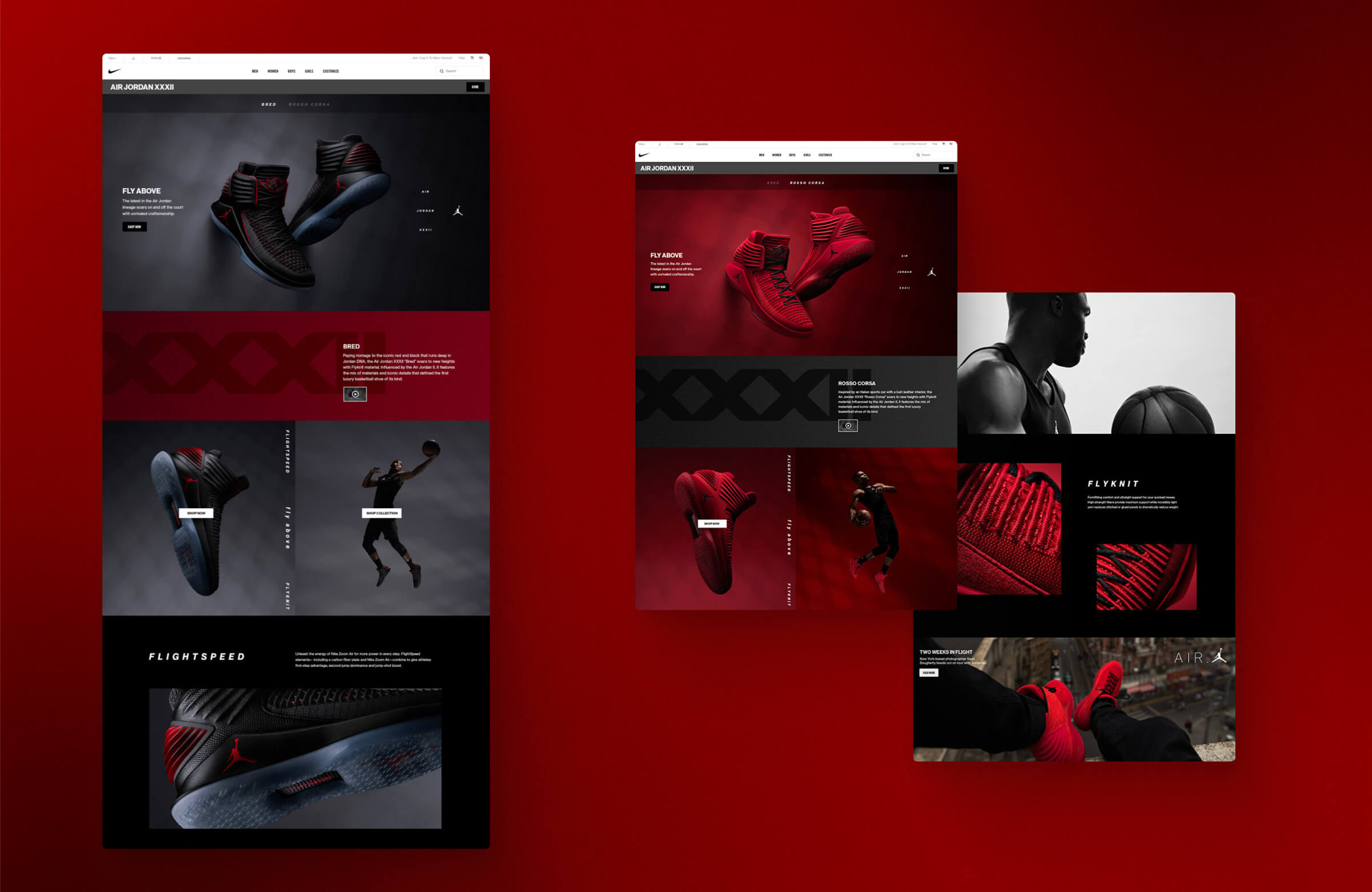 Several screens of the Jordan site with content from the AJ XXXI Launch