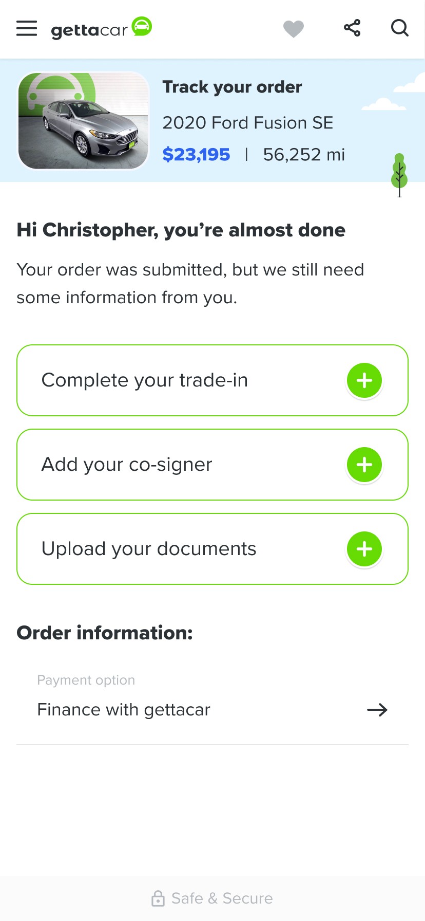 My account - details what information we still need the user to complete