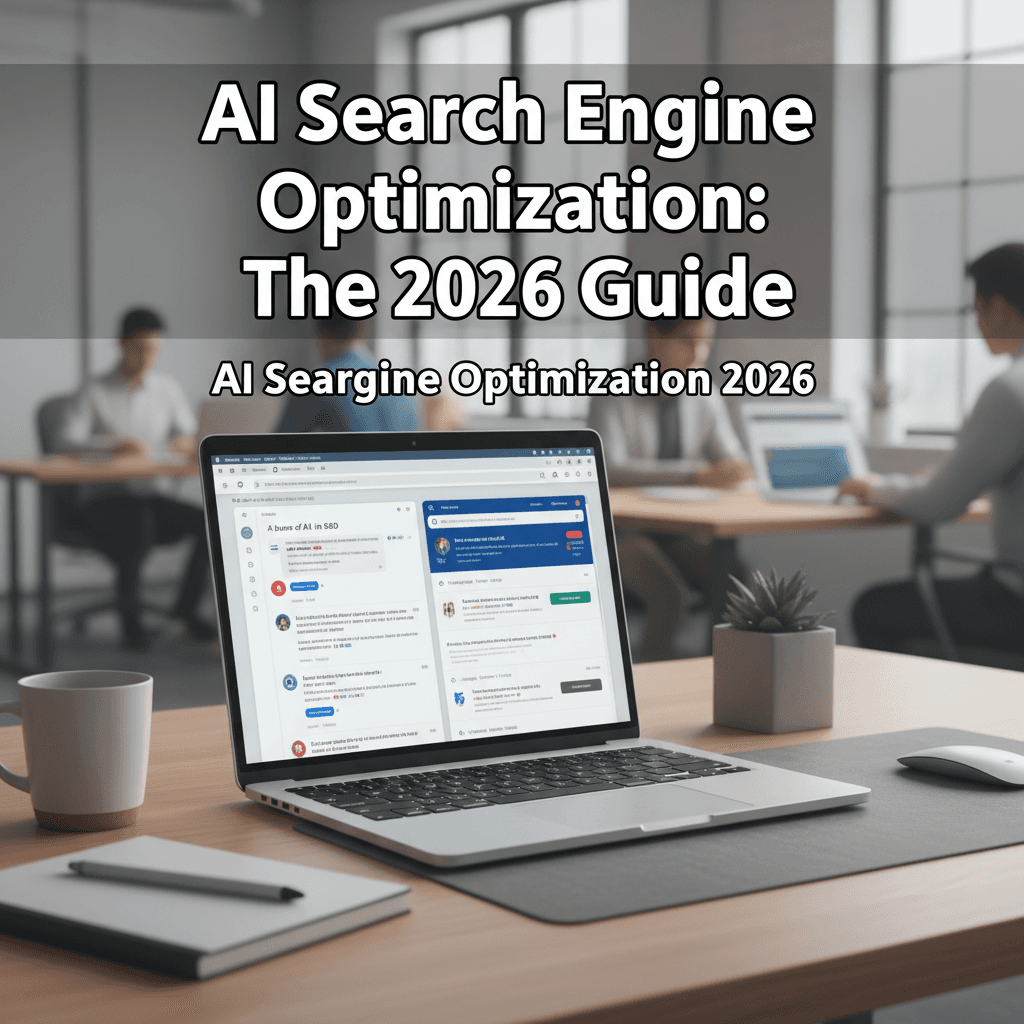 AI search engine optimization concept showing AI search results on a laptop screen in 2026