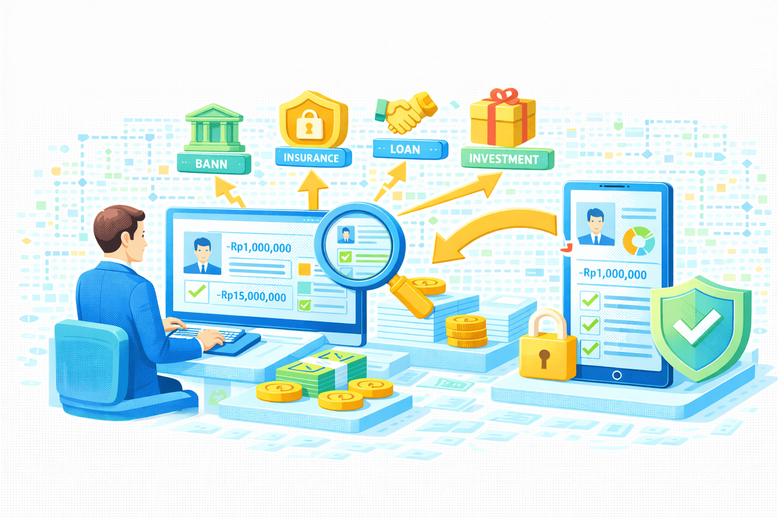 Ilustrasi integrated financial services orchestration (banking–insurance–loan–investment) dengan verifikasi dan keamanan. Di kiri, seorang analis bekerja di dashboard desktop menampilkan profil nasabah, grafik, checklist hijau, dan nilai −Rp1.000.000 serta −Rp15.000.000 yang tervalidasi, dengan uang/koin di meja. Di tengah, kaca pembesar menyorot profil terverifikasi dan alur persetujuan.  Di bagian atas, ikon layanan BANK, INSURANCE, LOAN, dan INVESTMENT dihubungkan panah kuning dari data inti, menunjukkan orkestrasi lintas produk. Di kanan, tablet menampilkan checklist hijau dan grafik, dilindungi gembok dan perisai hijau bertanda centang. Visual merepresentasikan pemrosesan keuangan terpadu, verifikasi KYC/AML, dan kontrol keamanan end‑to‑end.
