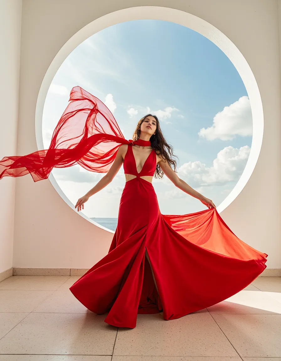 Stunning red dress flowing dramatically within a circular architectural frame, silhouetted against a bright blue sky and clouds.