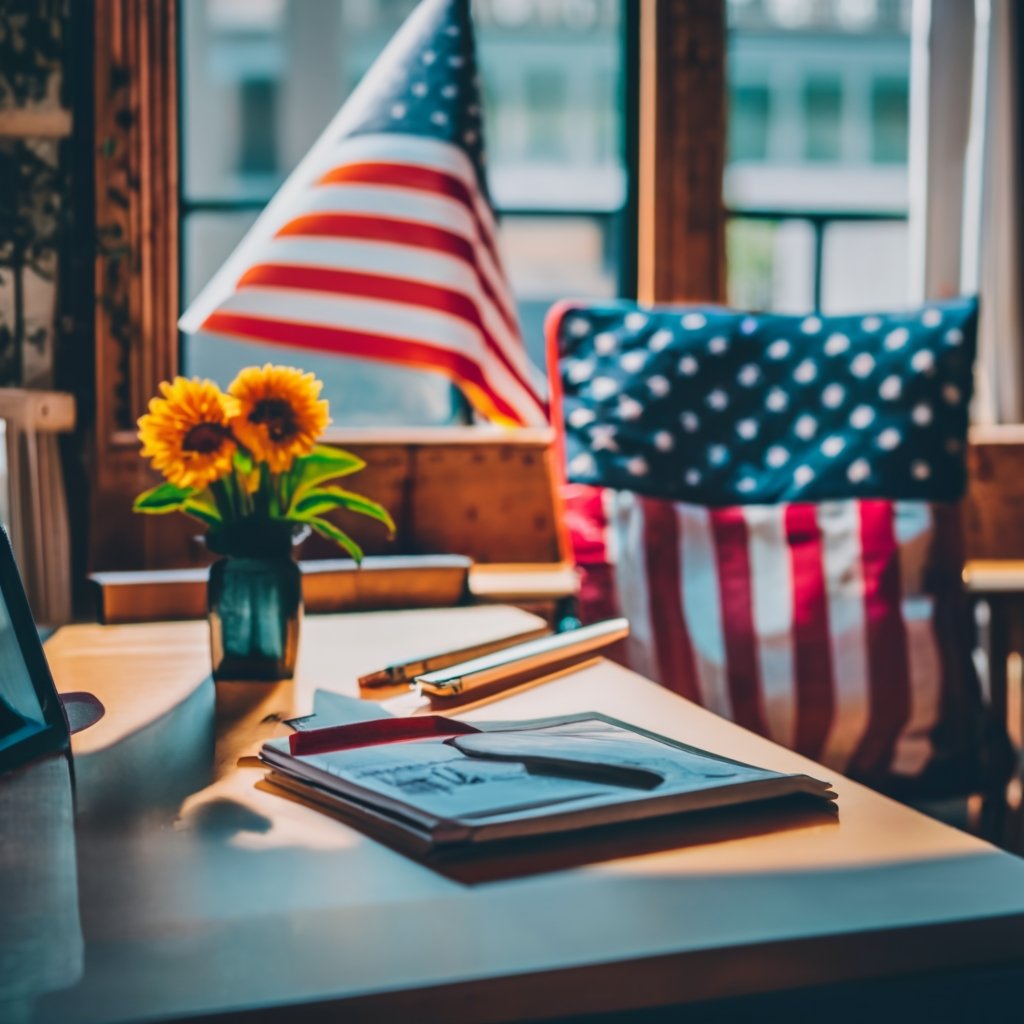 Table set with Employment Authorization Document, pen, and job application, framed by a U.S. flag, illustrating U.S. employment authorization.