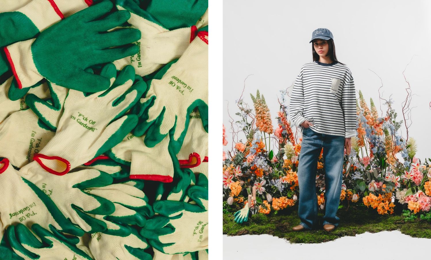 Des gants de jardinage "fuck off i'm gardening"  et mannequin debout au milieu de fausses fleurs