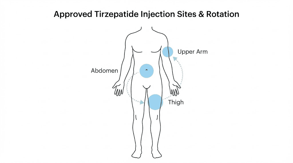 Tirzepatide B12 injection site rotation map for abdomen thigh and arm