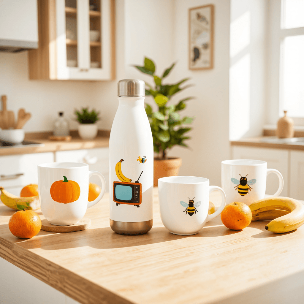 product photography of a set of decorative mugs and a water bottle