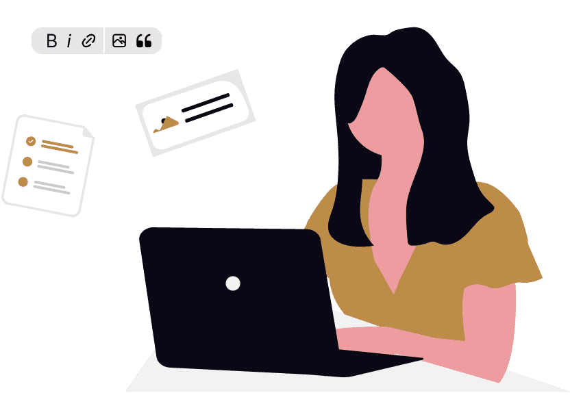 Person arbeitet am Laptop mit Text-Formatierungs-Tools und schwebenden Dokumenten - symbolisiert Content-Erstellung und redaktionelle Arbeit