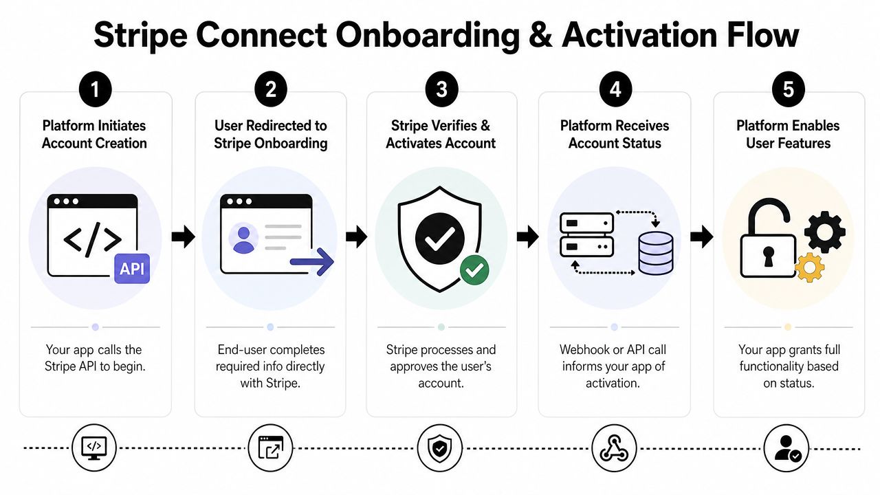 An infographic showing the five steps of the Stripe Connect onboarding and account activation process flow.