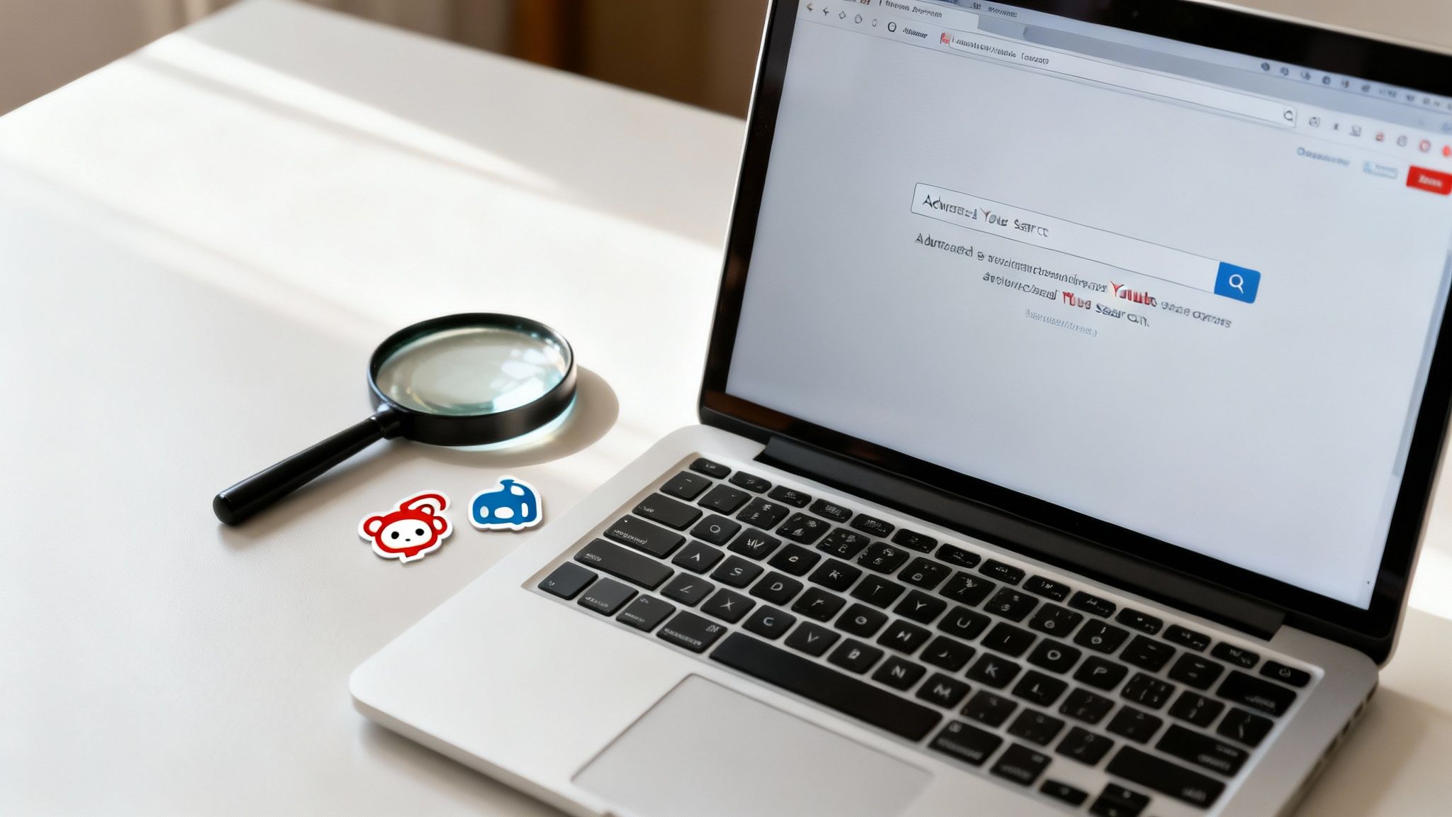 Laptop displaying YouTube search interface with magnifying glass and social media icons on desk