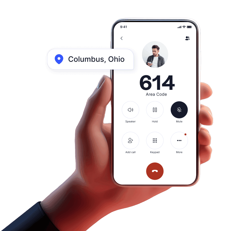 Hand holding mobile device with incoming call from 614 area code using LinkedPhone 2nd phone number mobile app