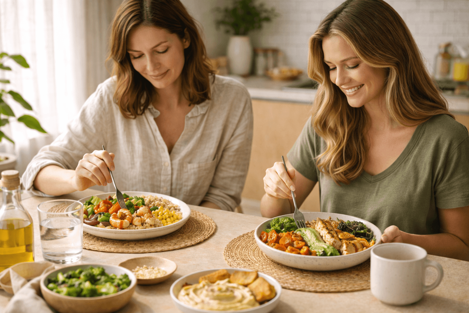 Two women enjoying a mindful meal together — mindful eating and intuitive eating as complementary approaches to healthy food relationships