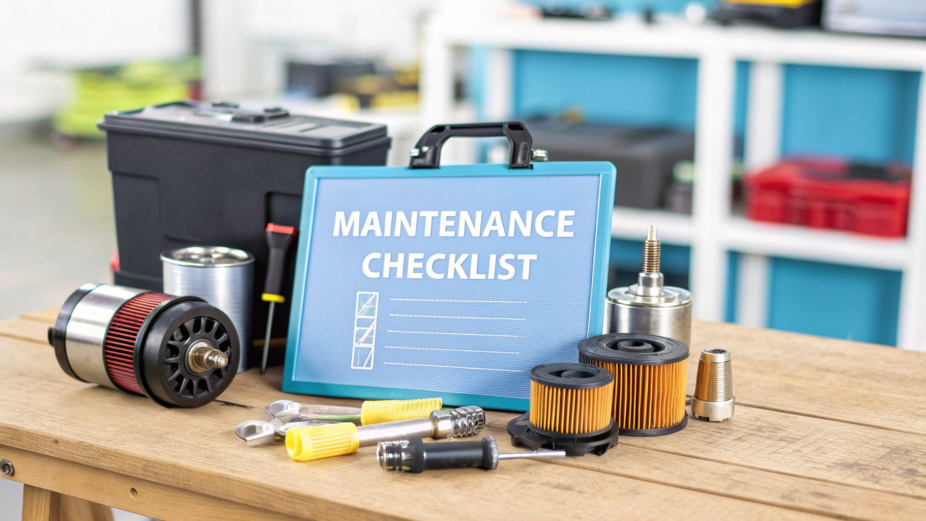 a blue checklist clipboard on a workbench
