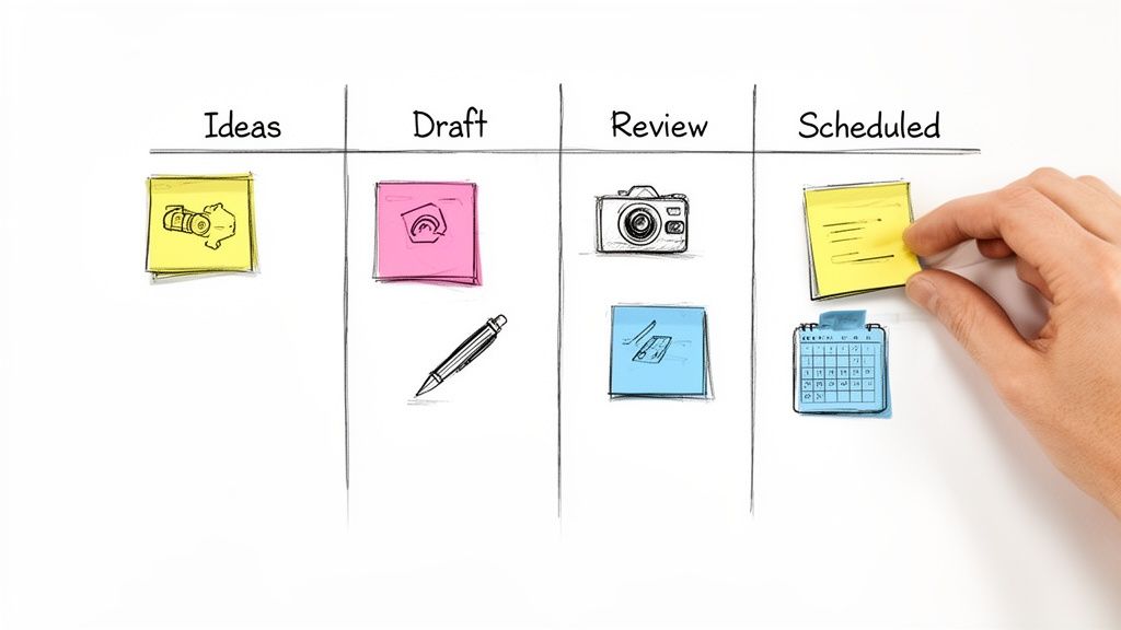 Hand places a yellow sticky note with lines on a whiteboard Kanban board, showing workflow columns.