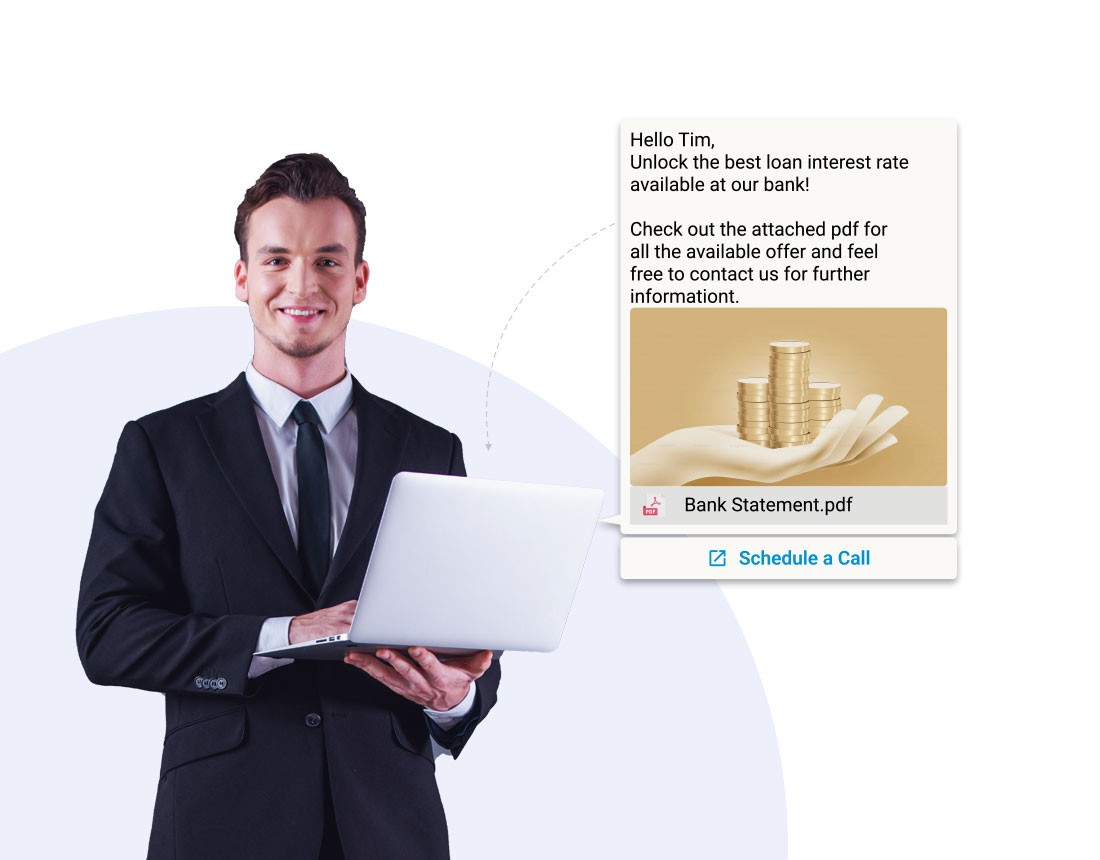 Digital illustration showing a man in a suit holding a laptop, with a chat bubble displaying a loan offer, an image of stacked gold coins, and a PDF attachment titled "Bank Statement.pdf