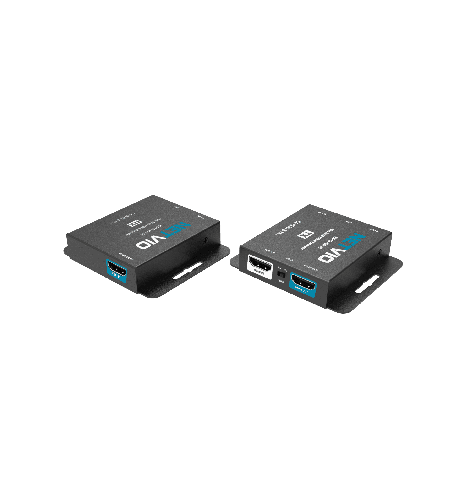Two black HDMI extenders with branding