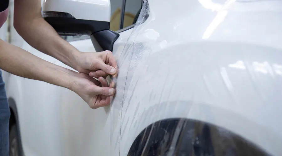 Applying clear film to white car fender.