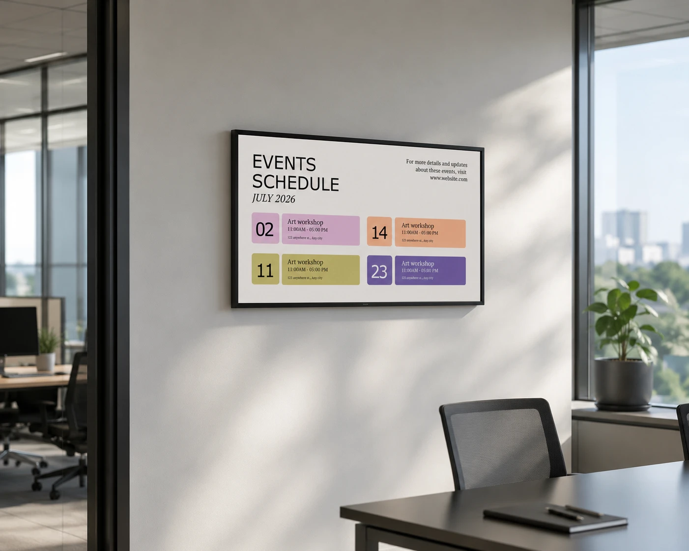Digital signage display in a modern office meeting room showing an events schedule with upcoming workshops and company activities, helping employees stay informed about internal events and announcements.