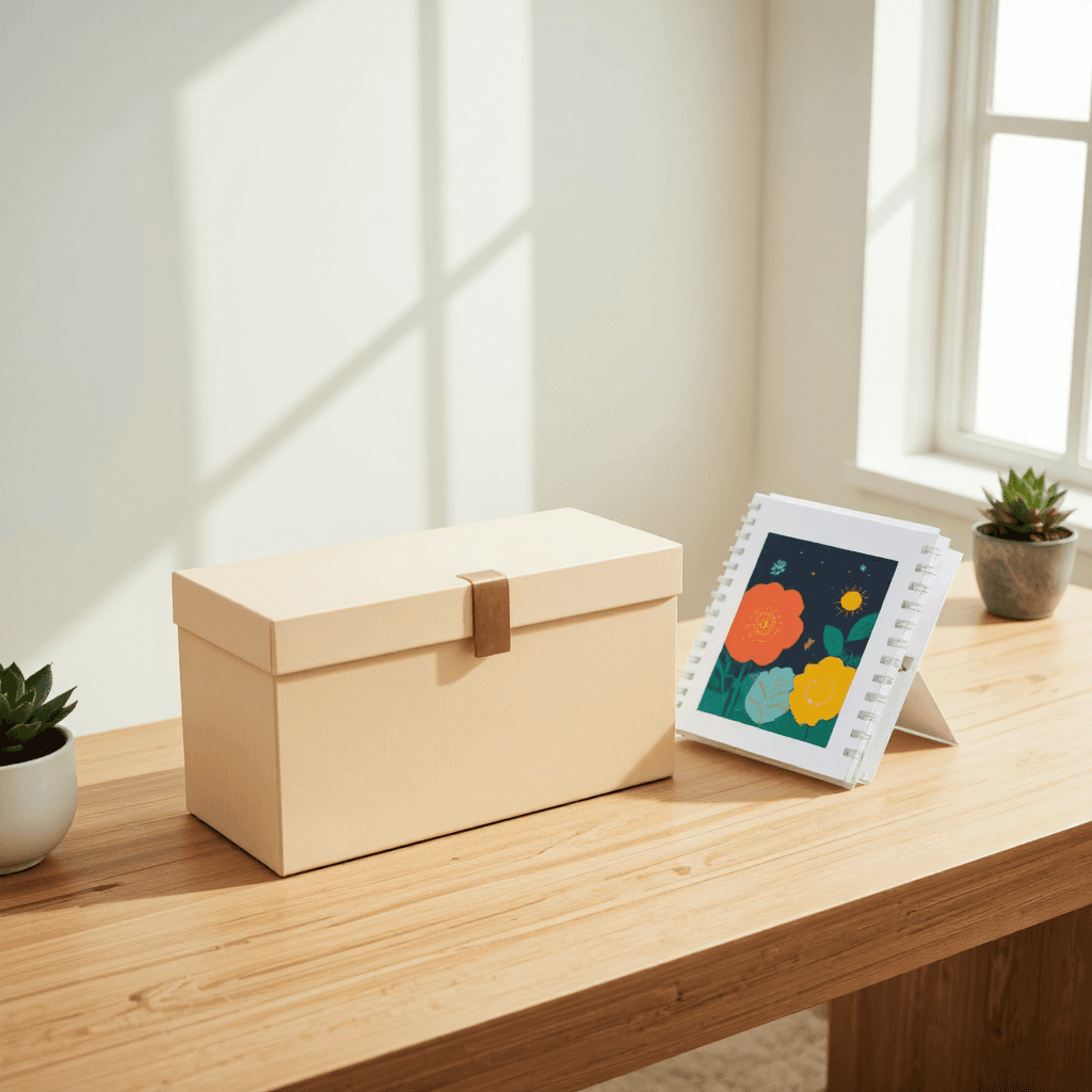 product photography of a box of stationery and a notepad