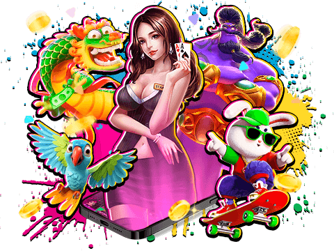 Android and iOS support, female character surrounded by various animal figures, symbolizing smooth gaming across platforms