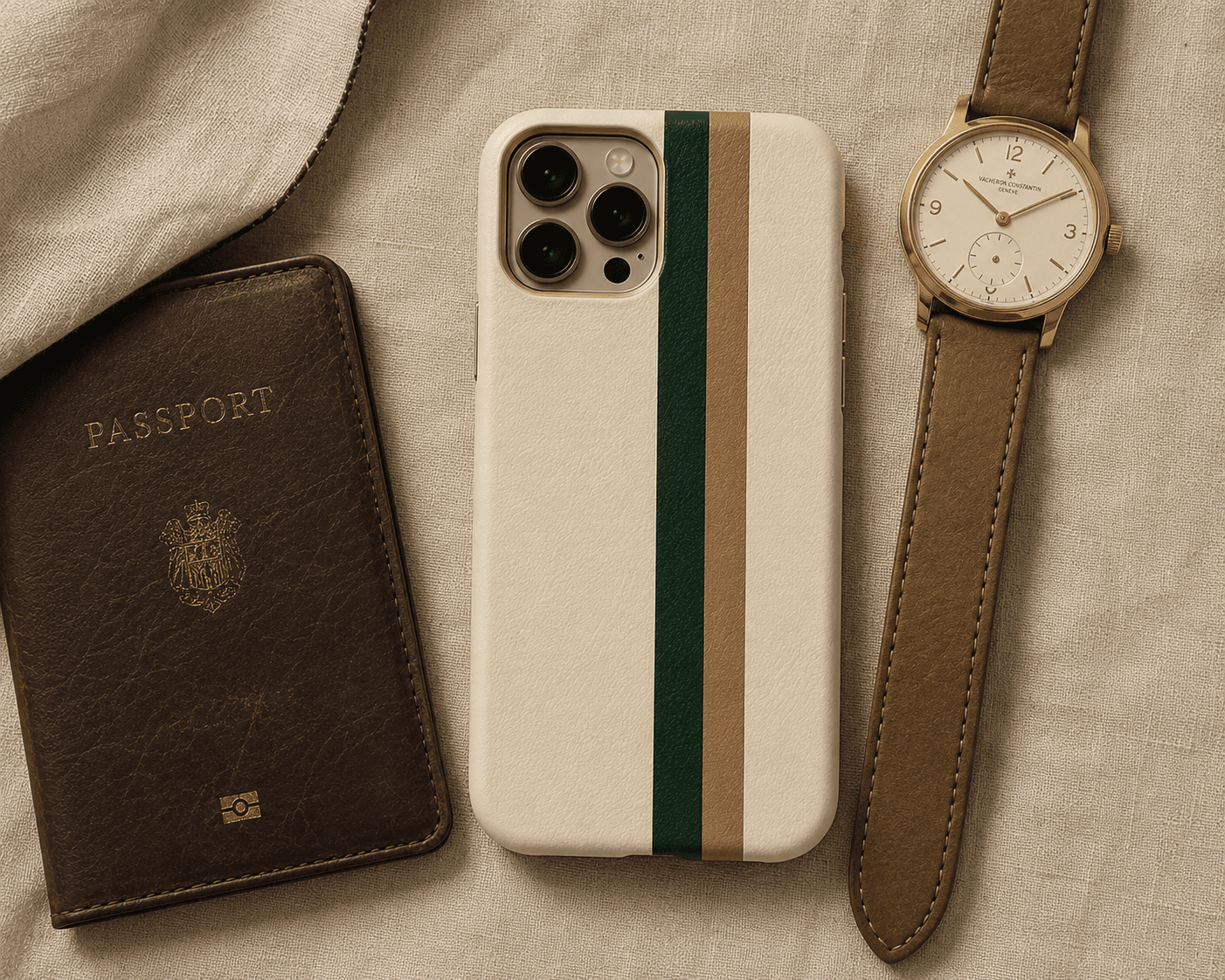 A top-down flat lay of upscale travel accessories arranged on a textured cream linen fabric. In the center is an iPhone case crafted from smooth cream leather, accented by two vertical racing stripes in dark green and taupe. To its left sits a weathered, dark brown leather passport cover embossed with a faint gold crest. To its right lies a classic luxury watch featuring a polished gold case, a clean off-white dial with minimalist numerals, and a textured taupe leather strap.
