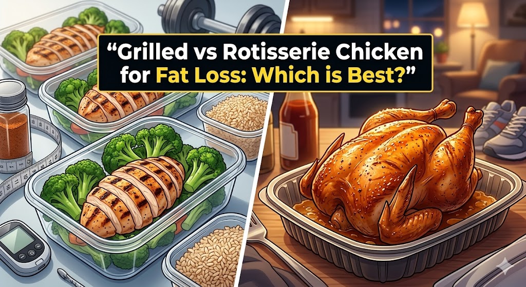 A split-screen graphic titled 'Grilled vs Rotisserie Chicken for Fat Loss: Which is Best?'. The left side shows a healthy meal prep container with grilled chicken and broccoli on a kitchen island, while the right side displays a whole rotisserie chicken in a warm-lit, inviting living room setting with fitness accessories like running shoes in the background.