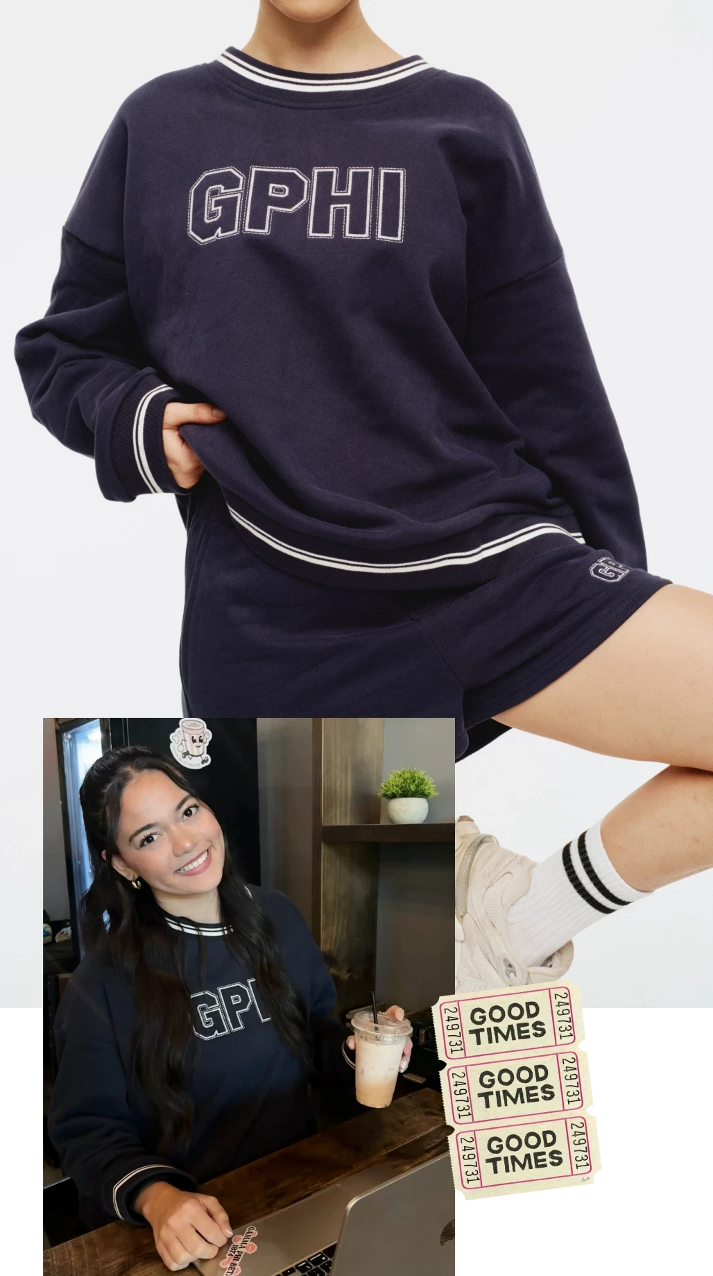 Photos of a navy set: oversized “GPHI” sweatshirt with striped trim paired with matching navy shorts.