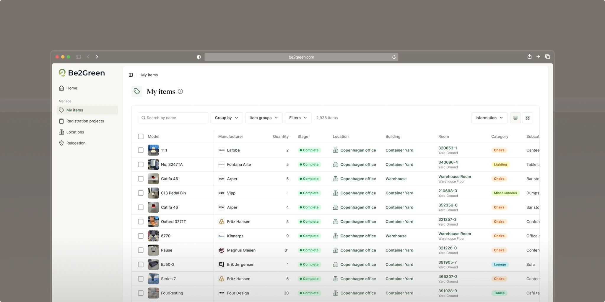 Be2Green dashboard displaying an organized inventory list under 'My items,' with columns for model, manufacturer, quantity, stage, location, and category in a clean, minimalist interface.