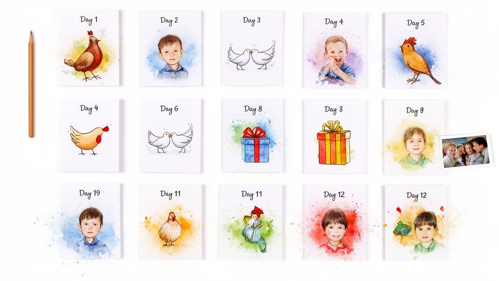 A grid of watercolor cards illustrating a '12 Days of Christmas' theme, featuring children, birds, and gifts.
