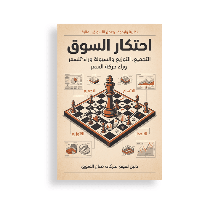 غلاف كتاب بعنوان "احتكار السوق: التجميع، التوزيع والسيولة وراء حركة السعر" (نظرية وايكوف وعمل الأسواق المالية)، يظهر عليه تصميم لطاولة شطرنج تتوسطها قطعة ملك ورسوم بيانية لتوضيح تحركات صناع السوق.