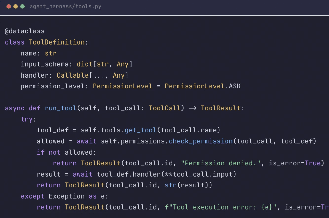 Example of a failed tool call returning a structured error that the agent can interpret and recover from on the next turn, rather than crashing the harness