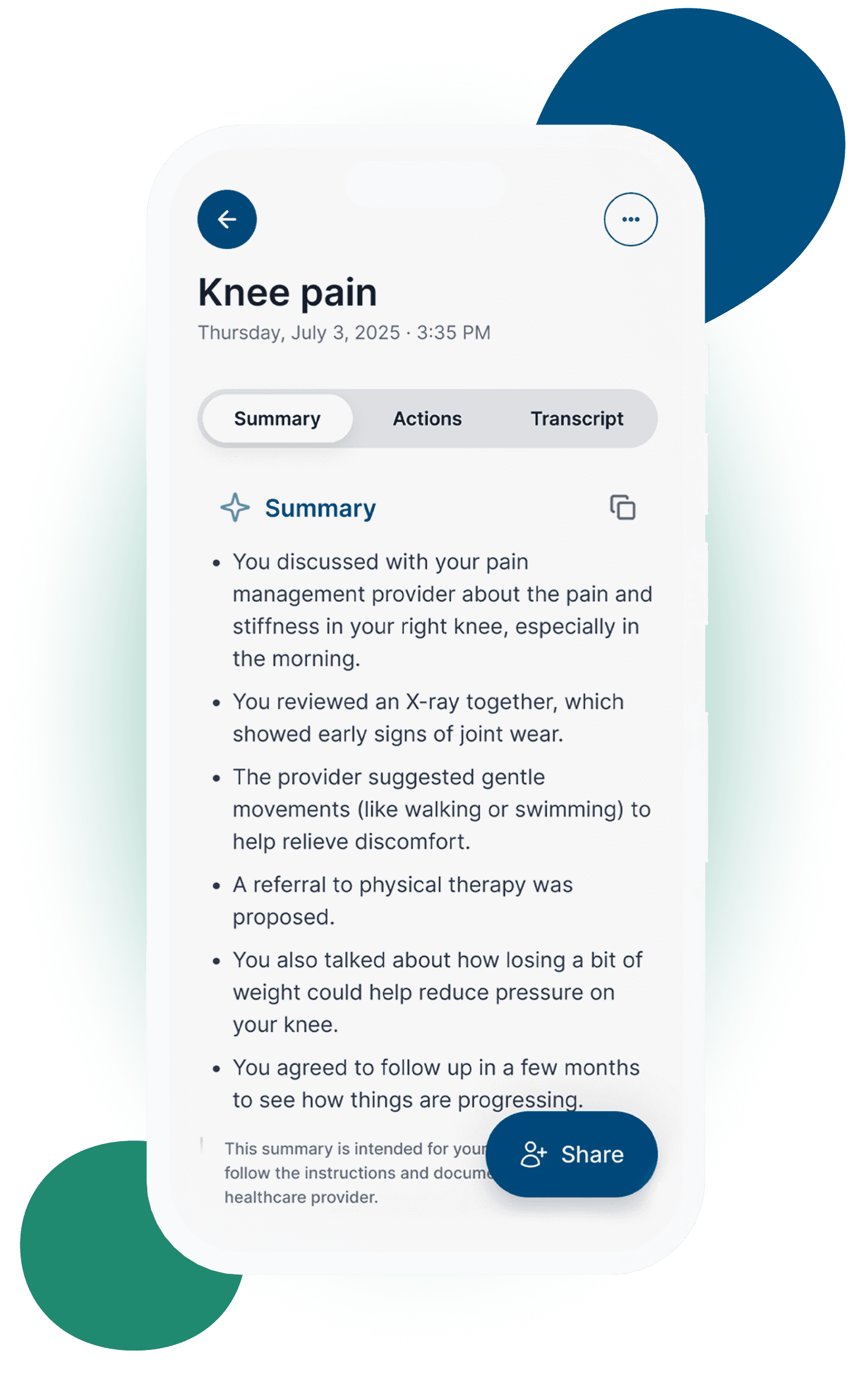 Emilia application interface on mobile phone showing a summary of a meeting with a doctor for knee pain