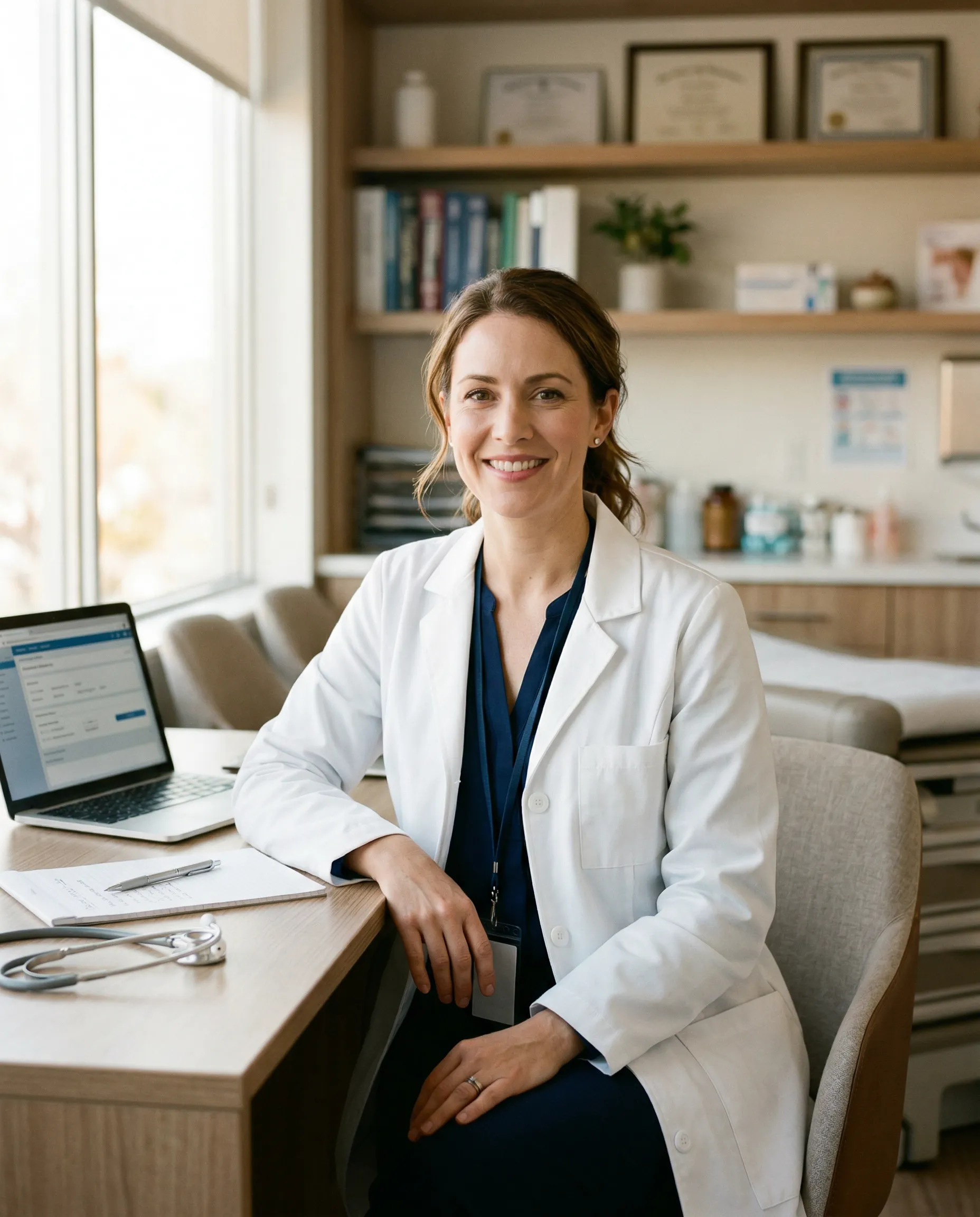 Smiling doctor in lab coat with stethoscope, working at a desk.