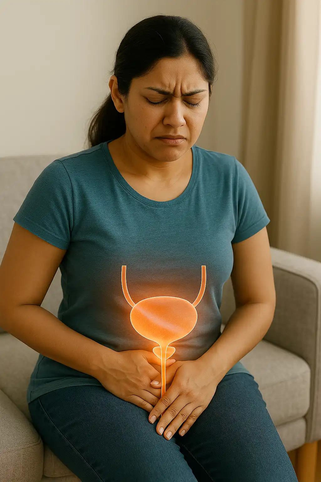 A woman sitting and holding her lower abdomen with a pained expression, with a glowing bladder illustration highlighting urinary incontinence or bladder control problems.