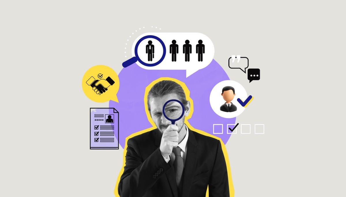 Person in suit holding magnifying glass with recruitment icons, symbolizing how to find Scrum Master jobs.