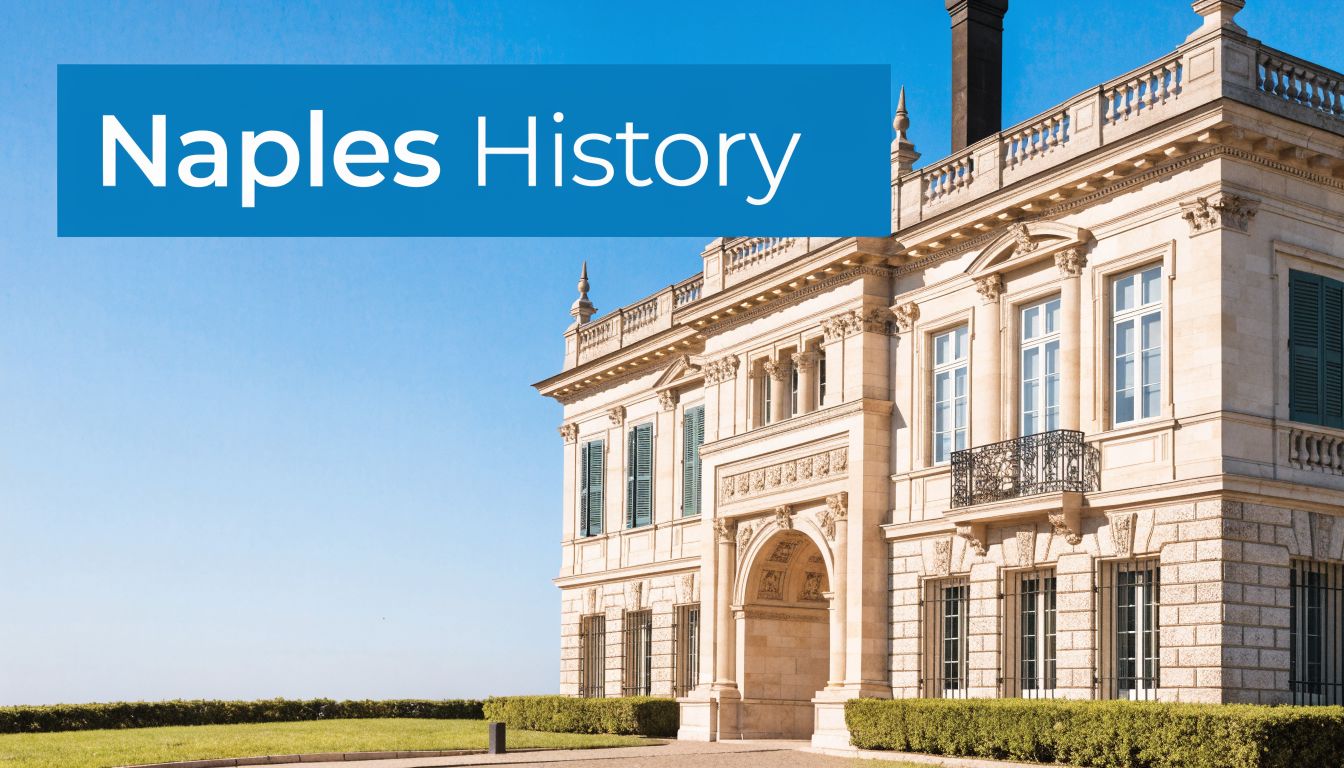 A historic, grand limestone mansion in Naples, Florida, under a clear, bright blue sky.