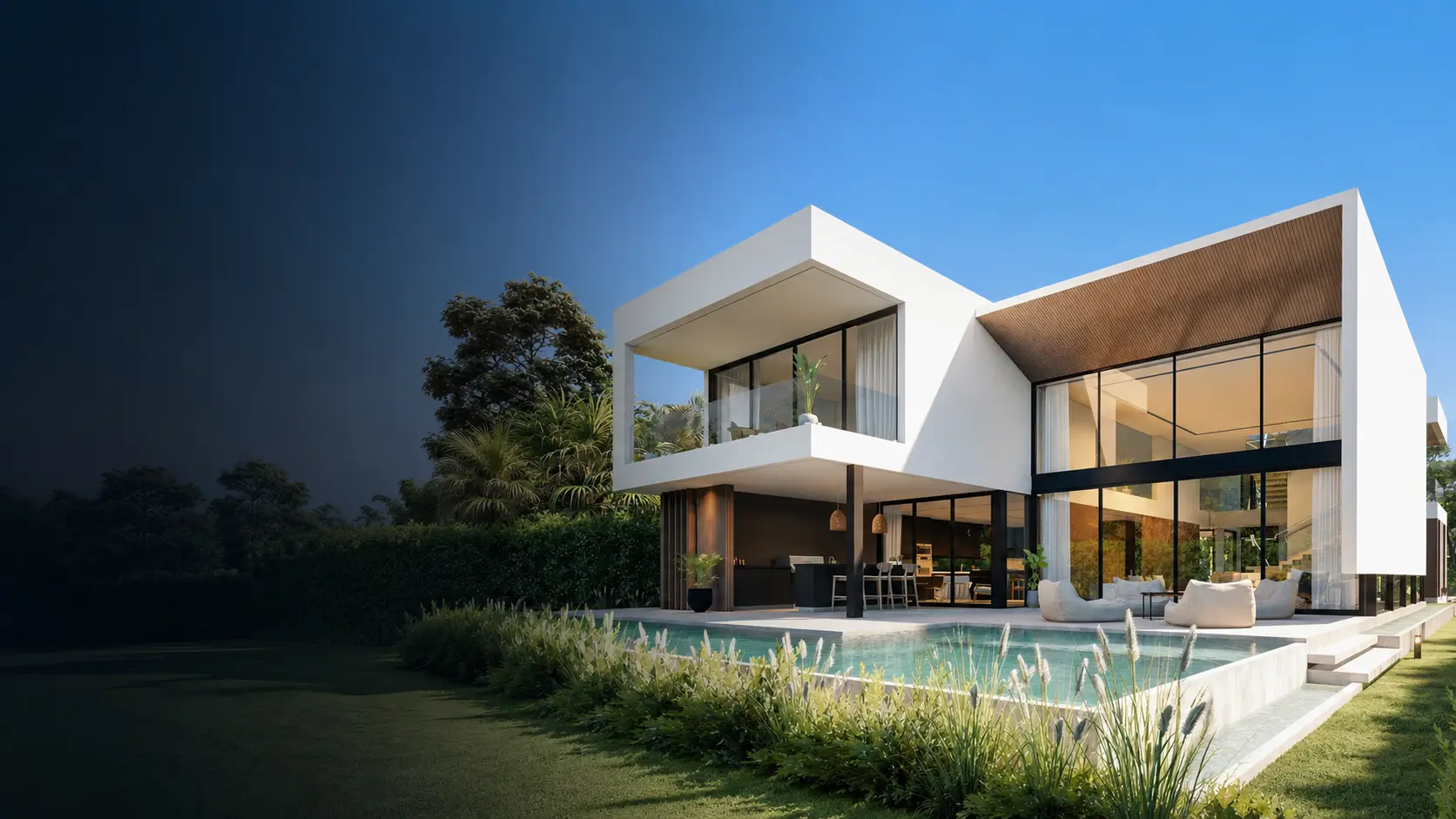 Modern two-story custom home in The Roads at dusk, with a cantilevered upper volume, floor-to-ceiling glass, open-air living space, pool, and landscaped garden.