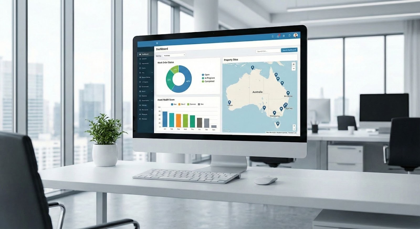 computer monitor on a modern office desk displaying a sophisticated CMMS dashboard. The screen shows facility management data, including a work order status pie chart, asset health bar graphs, and a map of property sites across Australia.