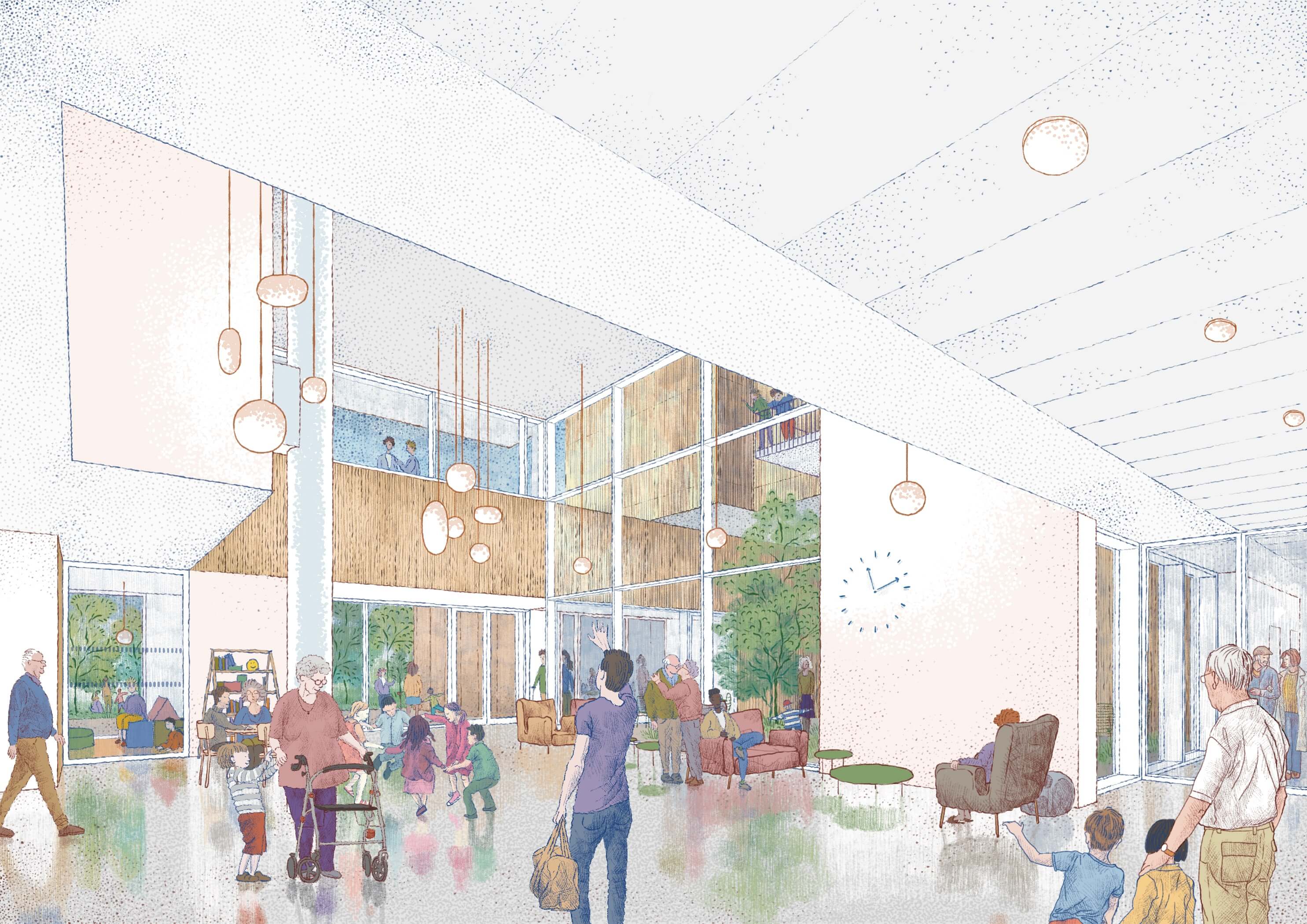 Bright, spacious interior with people seated and walking amid modern architecture and greenery. Soft lighting creates a welcoming atmosphere.