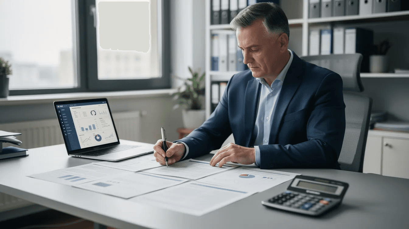 A business owner is seated at a desk, intently reviewing financial documents alongside a calculator and laptop, focusing on aspects such as cash flow and equipment financing options to ensure their business's financial health. The scene reflects the importance of informed decisions regarding loans and leasing to support their business needs.