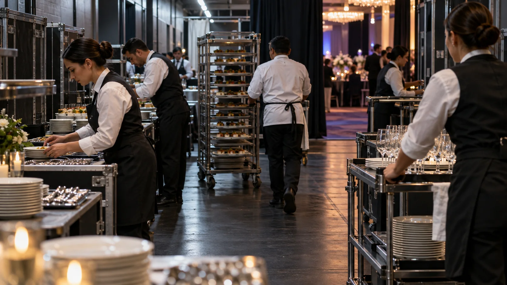 Equipe de catering organiza louças e alimentos no backstage de premiação corporativa.