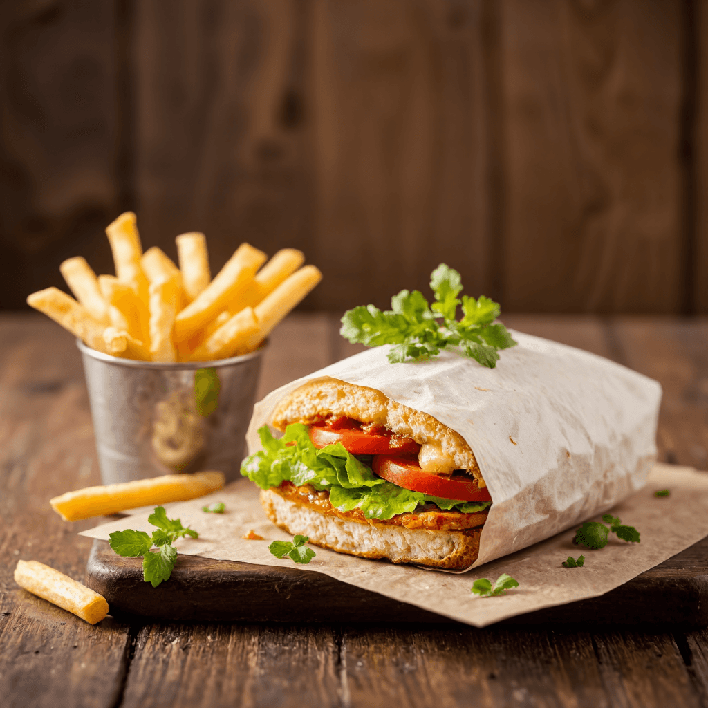 product photography of a wrapped sandwich with vegetables and sauce served with fries