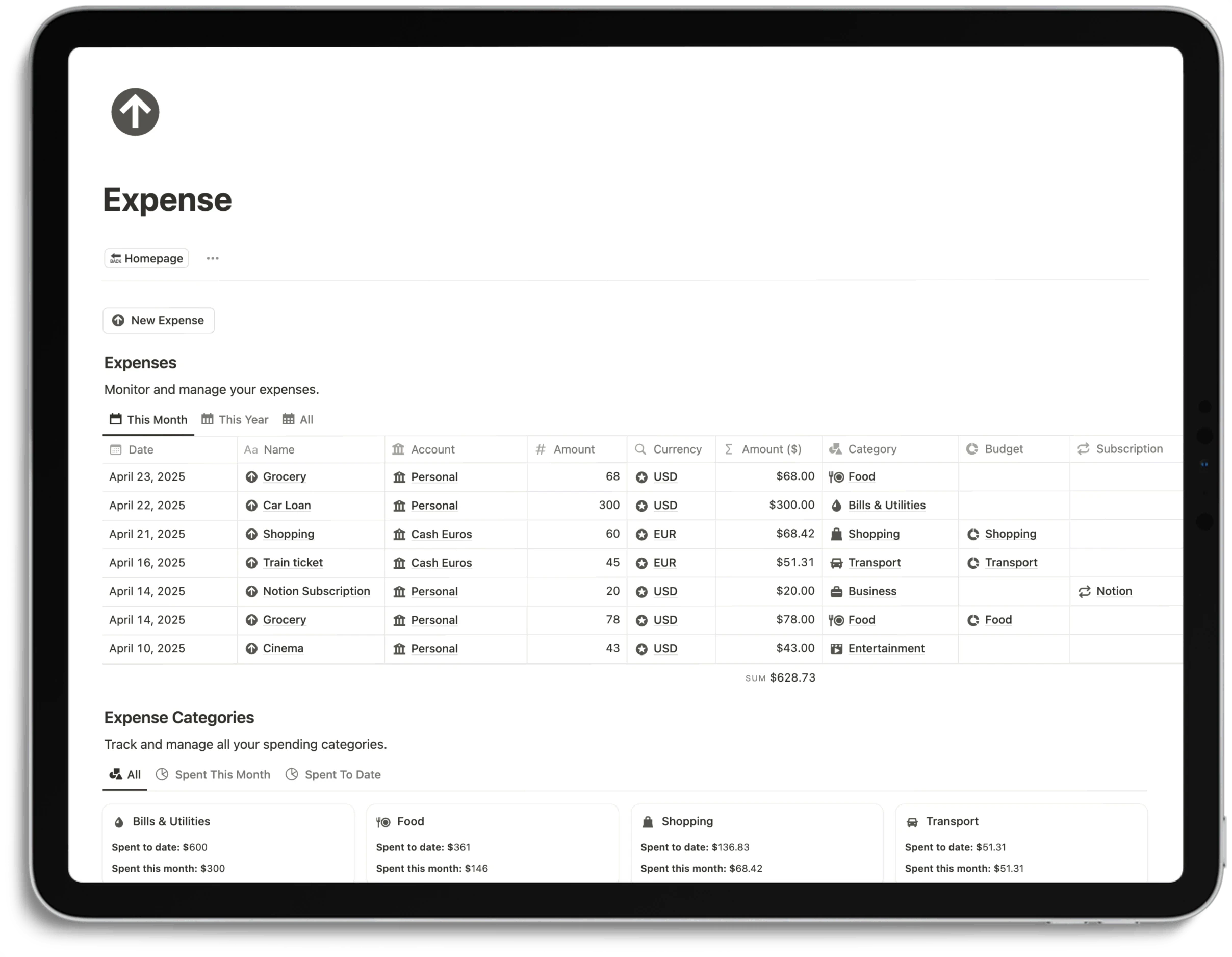 Notion Finance Tracker - Expense
