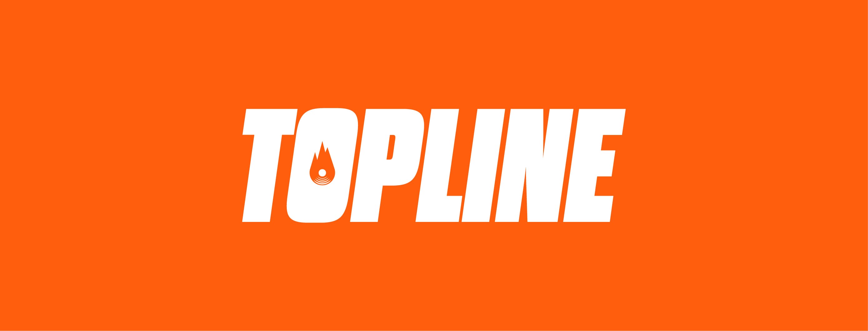 Logo du média digital musical 'TOPLINE'. Le mot 'TOPLINE' est affiché en majuscules avec une typographie audacieuse, inclinée (italique) et percutante, de couleur blanche. Le fond est uni, orange vif. La lettre 'O' est remplacée par une icône stylisée de flamme ou de goutte d'énergie, symbolisant l'impact, le contenu chaud ou le rap. Ce logo est un exemple de branding fort et moderne pour les médias digitaux et les marques de l'industrie musicale, conçu pour un usage web et réseaux sociaux par Nux-Studio.