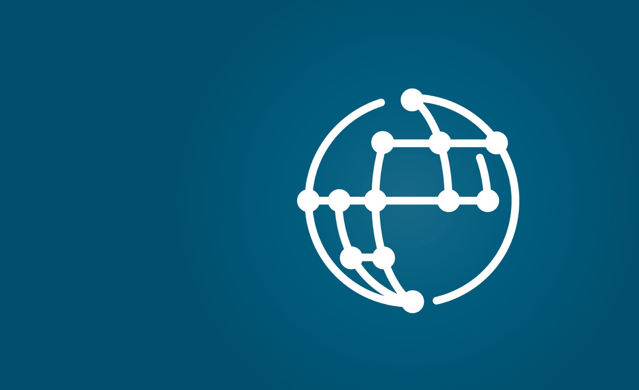 White globe icon with connected lines and dots on a blue background, symbolizing global connectivity and networking, conveying a modern, digital feel.