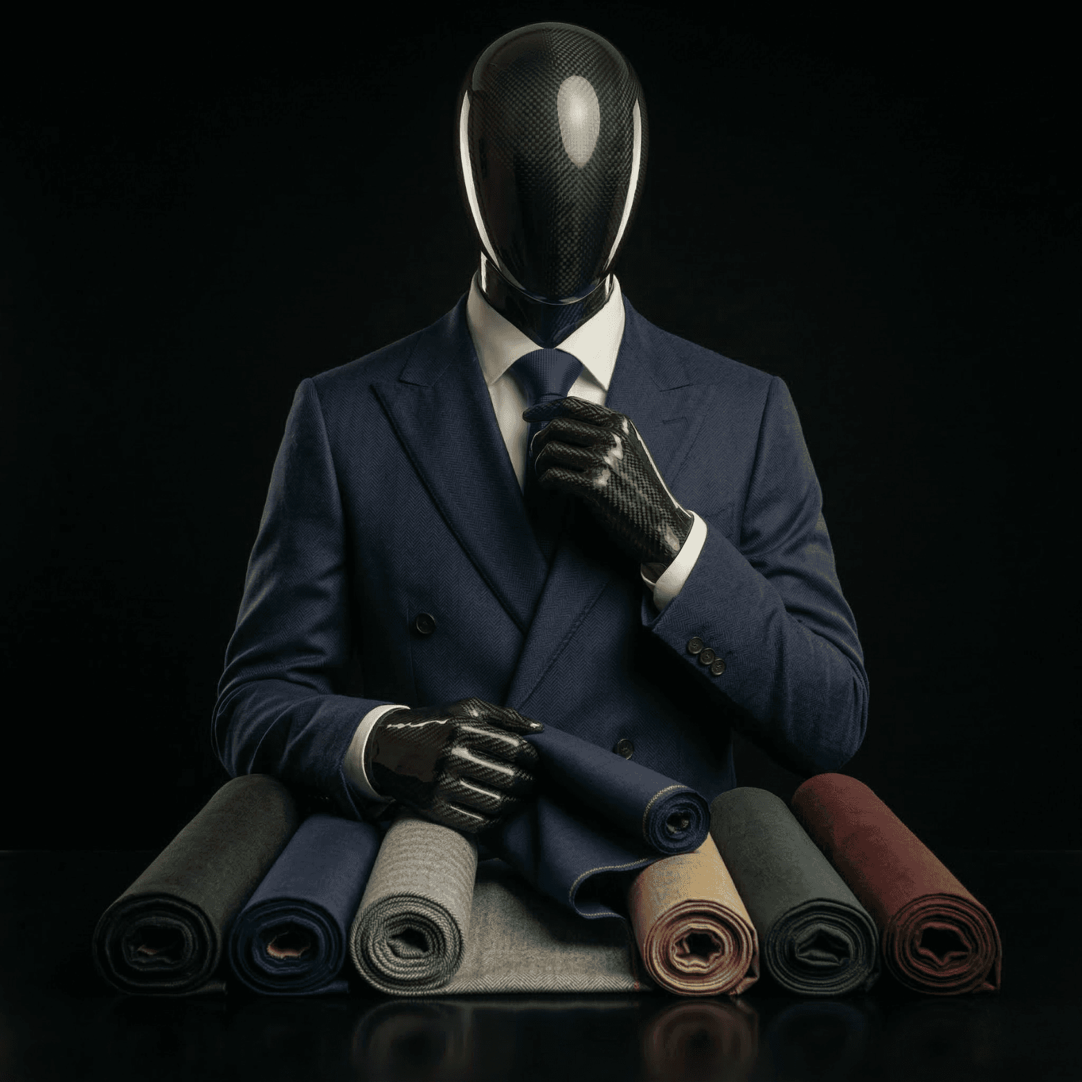 Mannequin in double breasted blue suit showing multiple fabric color options