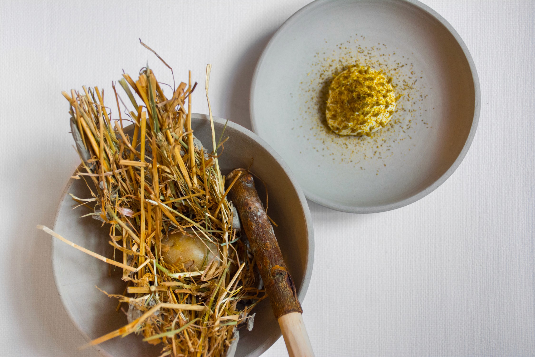 Dried yellow flowers and stems in one bowl next to a small mound of yellow powder on a second plate.