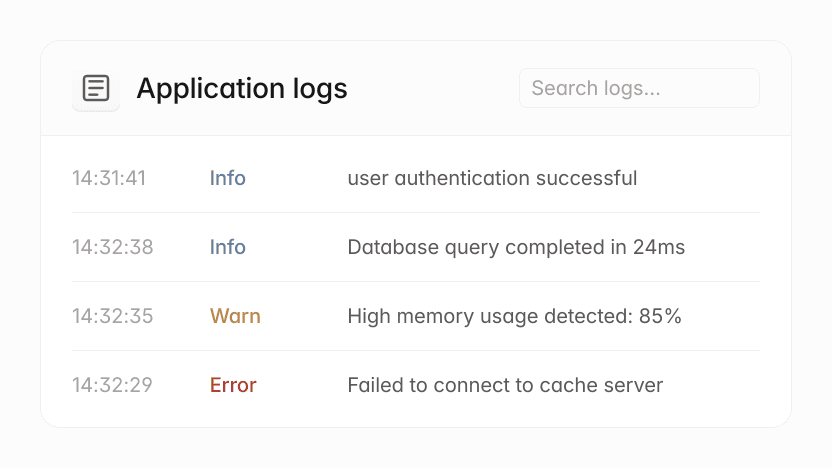 Application logs showing user authentication success, database query completion, high memory usage, and cache server connection error.