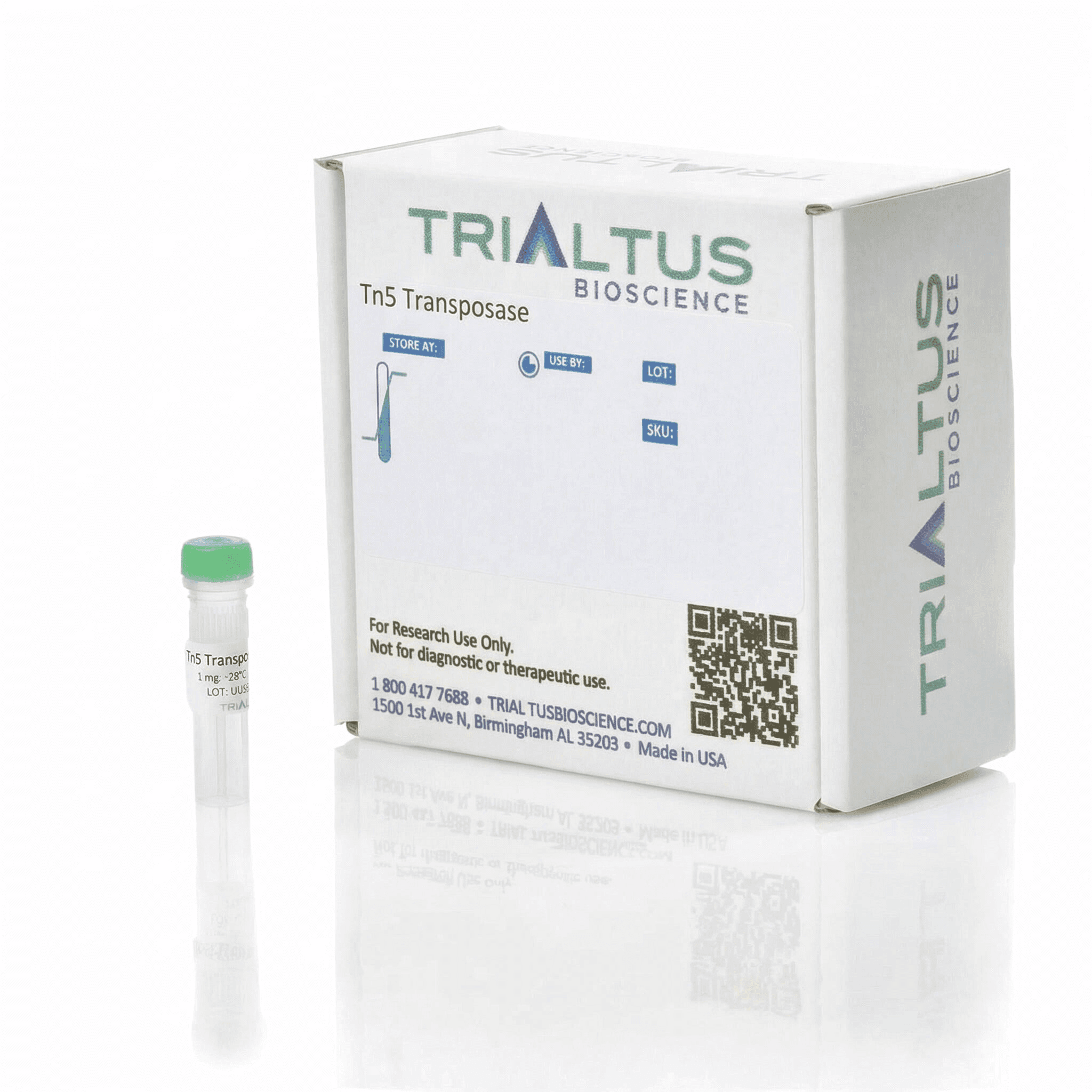 Recombinant Tn5 transposase (transposase-only, not pre-loaded) from TriAltus Bioscience with product packaging